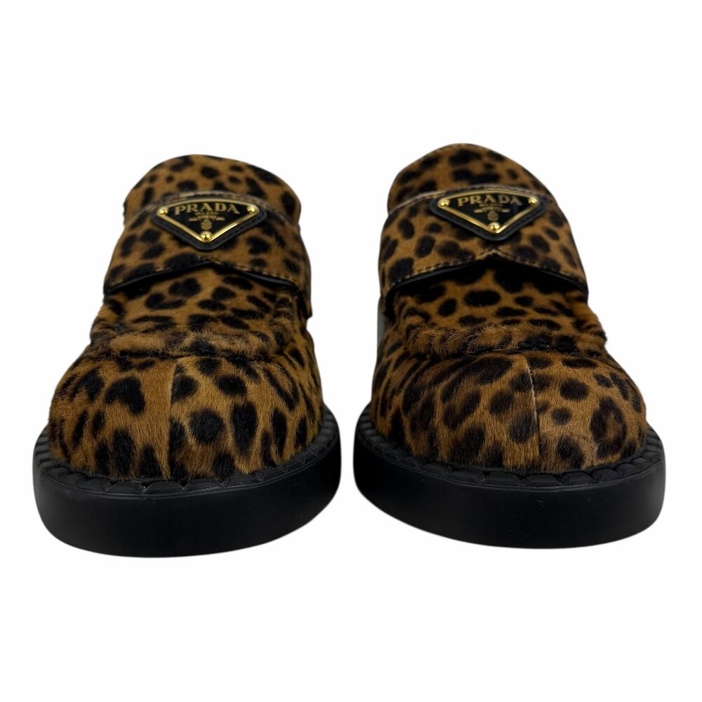 Prada Enamel Triangel Logo Leopard Printed Leather Loafer Brown Size 38.5 - Picture 5 of 16